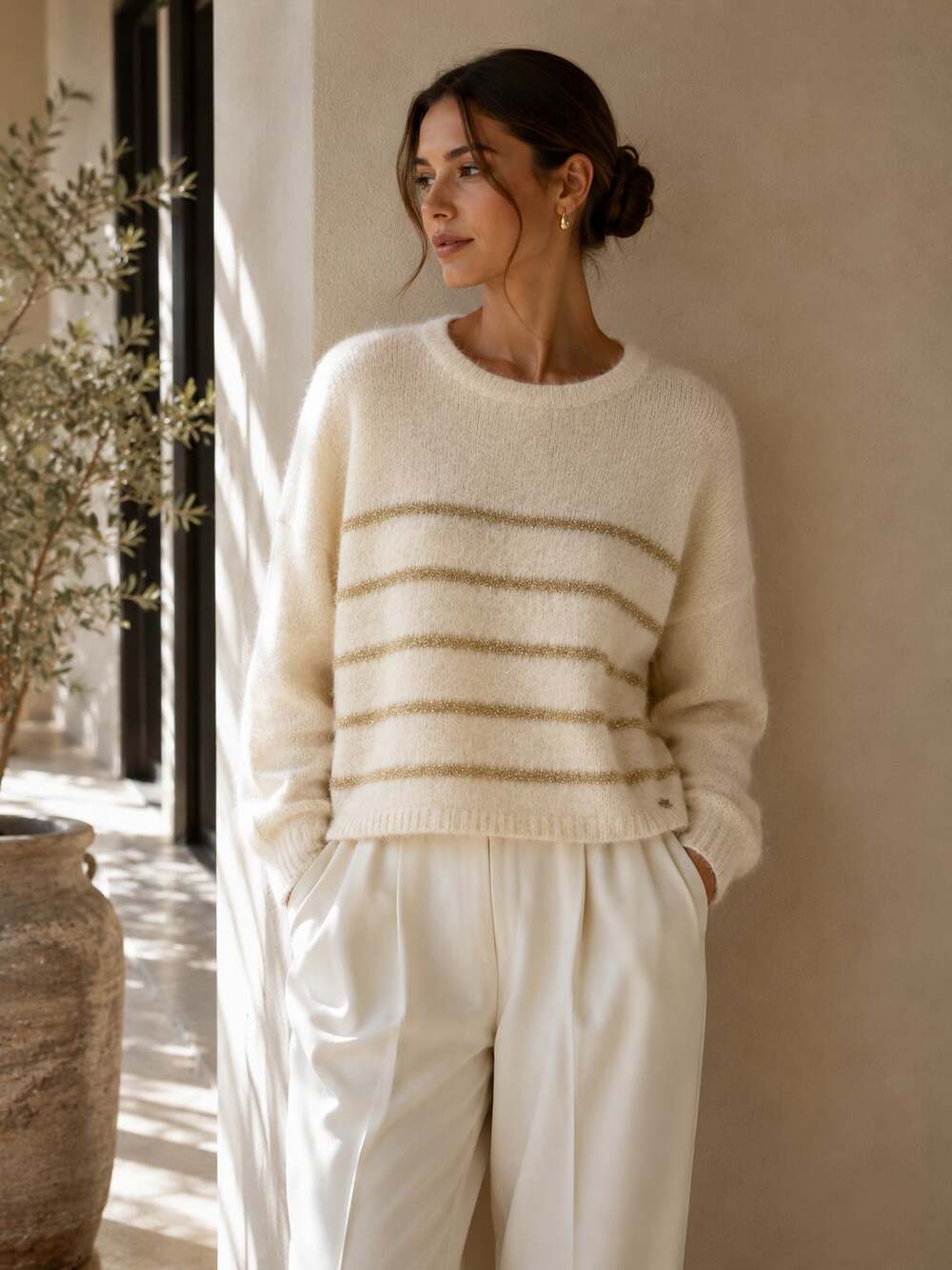 Des Petits Hauts Achiko Kid Mohair Lurex Stripe Sweater Cream Gold T1